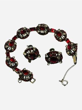 Vintage Hollycraft Red Rhinestone and Faux Pearl Bracelet and Earring Set